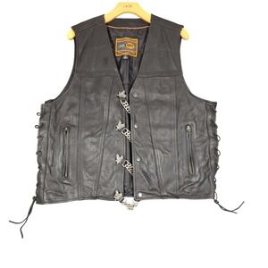 FIRST CLASSICS Mens Black Leather Motorcycle Vest Eagle Chain Laces Pockets L
